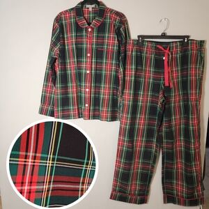 J. Crew ‎ PJ Set Cotton Poplin Pajamas Black Stewart Tartan Plaid Size Large